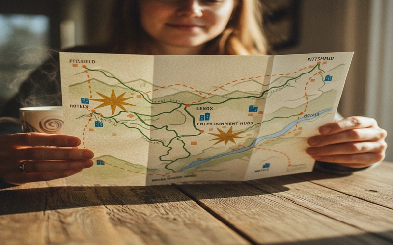 Map showing Berkshire County rail trails with marked connectors to entertainment hubs and hotels