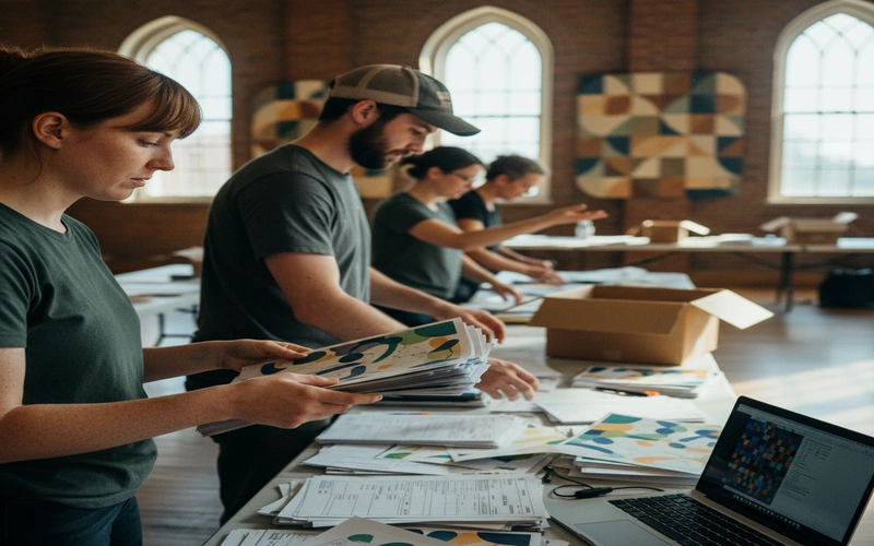 Volunteers organizing registration materials and route maps for Berkshire County cycling fundraiser event
