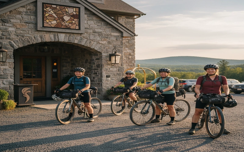Cyclists arriving at Berkshire County hotel with bikes and gear after afternoon rail trail ride