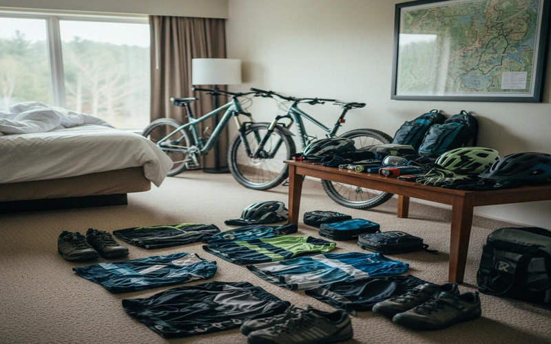 Organized cycling gear and safety equipment laid out at Berkshire County hotel room before weekend trail adventure