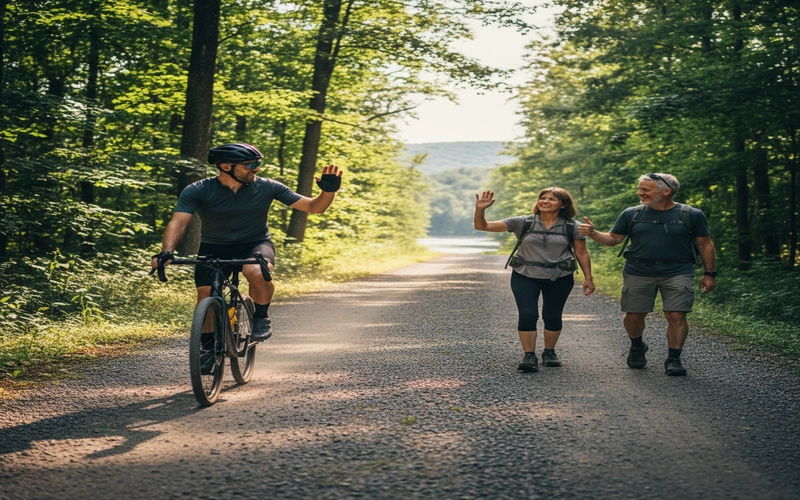 Cyclist properly passing pedestrians on Berkshire County rail trail demonstrating safe clearance and communication